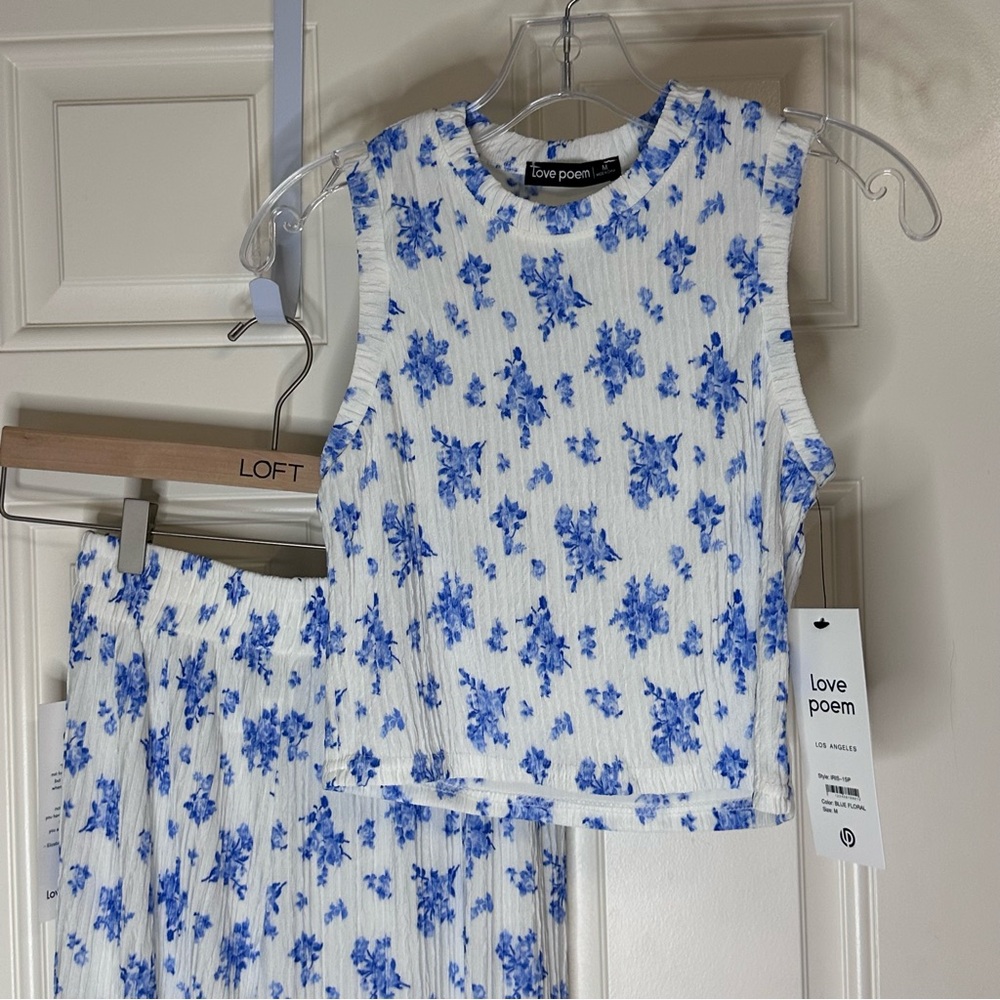 Blue Floral Wide Leg Two Piece Matched Set
